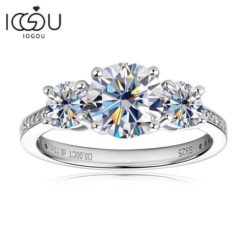 IOGOU Luxury Three Stone Engagement Wedding Ring 925 Sterling Silver D3.0CT D Color Moissanite Rings Women Jewelry Certified