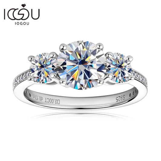 IOGOU Luxury Three Stone Engagement Wedding Ring 925 Sterling Silver D3.0CT D Color Moissanite Rings Women Jewelry Certified