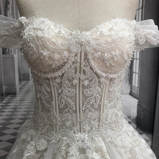 Court Train A-Line Wedding Dress Off Shoulder Beaded Vintage Bride Gown