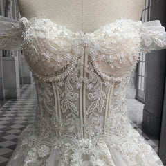 Court Train A-Line Wedding Dress Off Shoulder Beaded Vintage Bride Gown