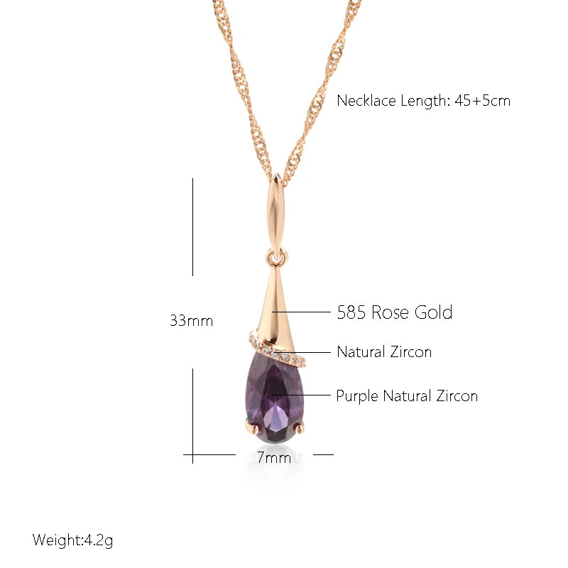 Fashion 585 Rose Gold Color Long Pendant Necklace for Women Water Drop Purple