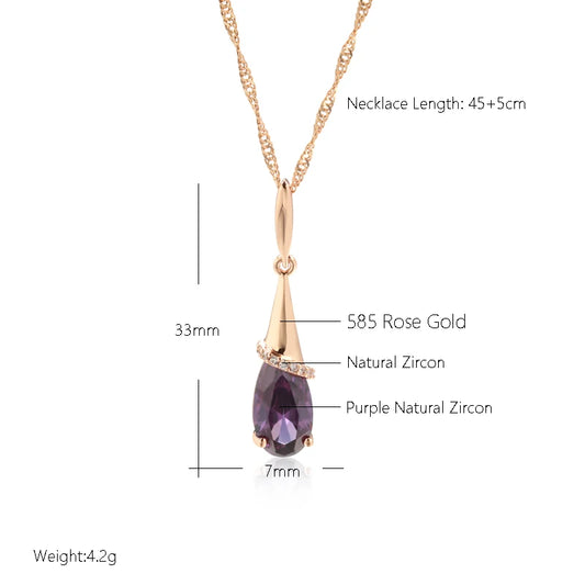 Fashion 585 Rose Gold Color Long Pendant Necklace for Women Water Drop Purple