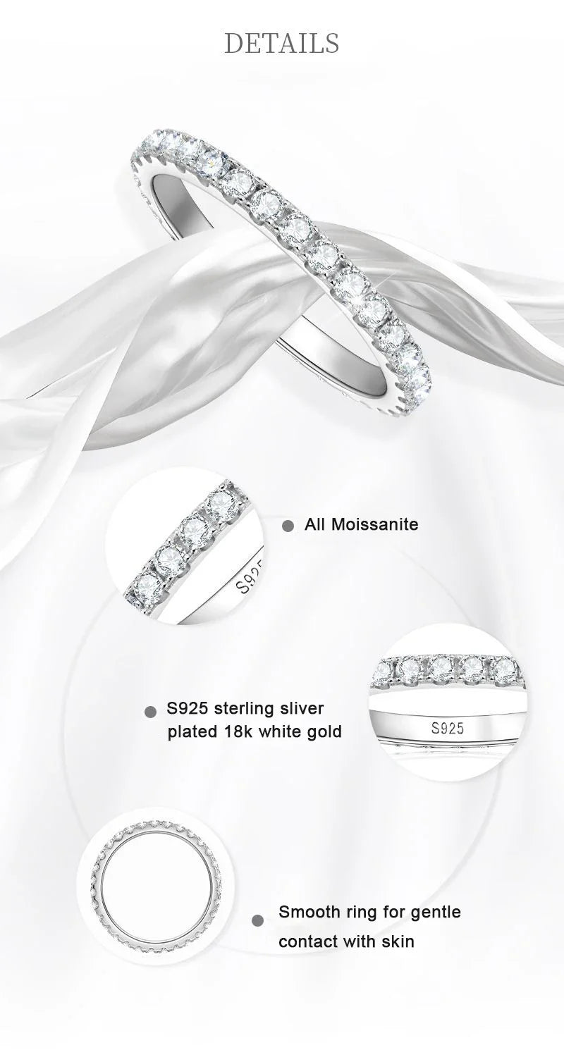 KNOBSPIN 2mm D Color Moissanite Ring 925 Sterling Sliver Solid 18k White Gold Eternity Band Wedding Engagement Rings For Women