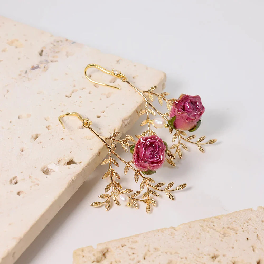 Natural Freshwater Pearl Enamel Resin Flower Earrings Korean Style Women's Luxury Vintage Jewelry Fashion Ladies and Girls Gift