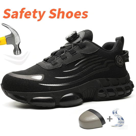 Men's Rotating Button Safety Shoes Steel Toe Puncture Proof Non Slip Work Sneakers Breathable Design Durable Rotating Buckle