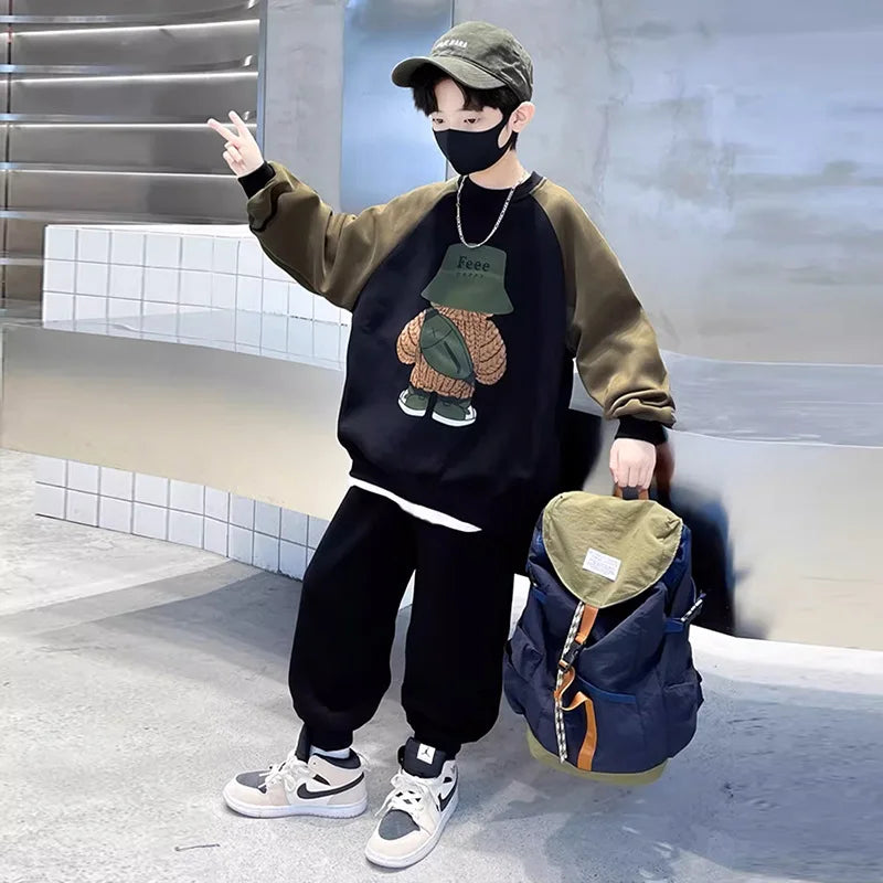 Spring Autumn Boys Patchwork Cartoon Sweatshirt+Sweatpant Workout Set School Kids 2PCS Tracksuit Children Jogging Outfit 5-16 Yr