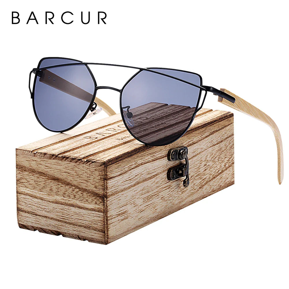 BARCUR Polarized Sunglasses Wood Cat Eye Women Sun Glasses Cat Eye Lady Luxury Fashion Sun Shades With Box Free Eyewear
