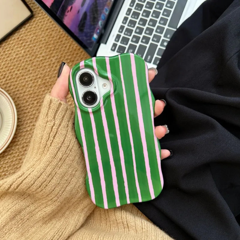 Fashion 2 in 1 Glossy Stripes Phone Case For IPhone 16 15 14 13 Pro Max Comfortable Touch Wave Edges Hard Slim Back Cover Shell