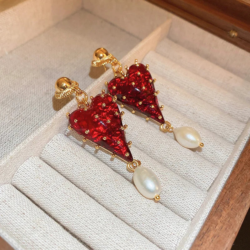 Minar Charming Red Color Resin Love Heart Dangle Earrings for Women Baroque Freshwater Pearl Long Earring Wedding Party Jewelry