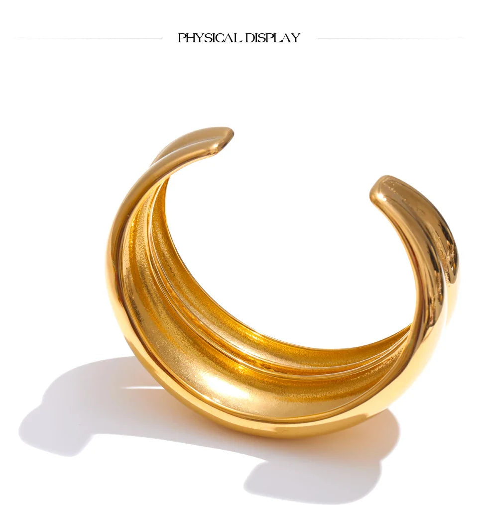 Yhpup 18K Golden PVD Plated Stainless Steel Double Layer Cuff Statement Bracelet Bangle Smooth Metal Texture Attractive Jewelry