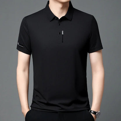 2025 Men's Short Sleeve Solid Color Polo Shirt Breathable Comfortable Elastic Top New Arrivals Casual Business Style