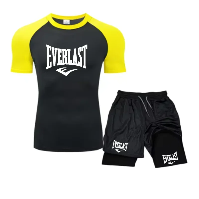 EVERLAST Men's Compress Shirt + 2-in-1 sports shorts 2pcs Set Leisure Breath Short Sleeve Sport Jogging Gym Brand Print Clothing