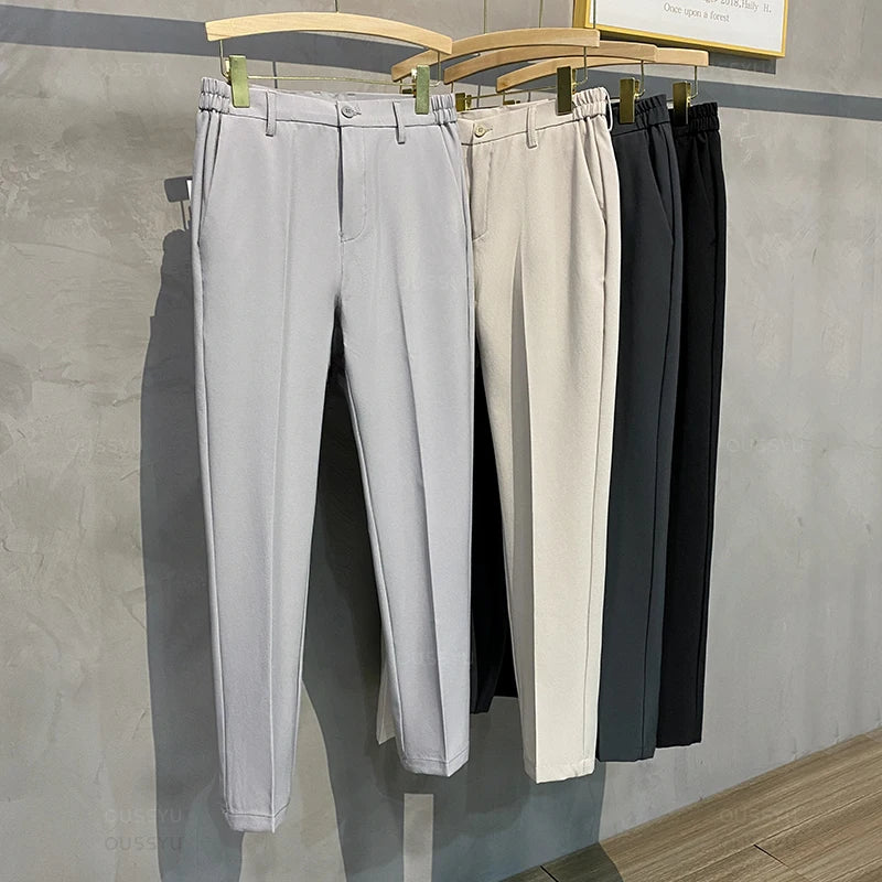 2024 Spring Summer Men's Casual Pants Suit Pant Slim Fit Work Elastic Waist