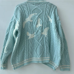 Blue Cardigan 1989 for Women's Autumn and Winter Bird Embroidery Special Knit