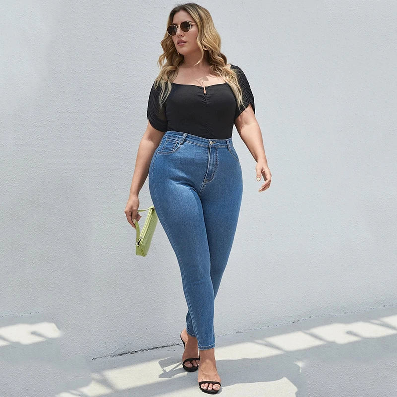 Plus Size Women Pencil Jeans High Waist Stretchy Jeans Summer Thin Light Blue Pants