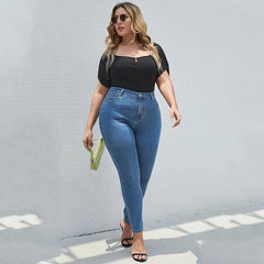 Plus Size Women Pencil Jeans High Waist Stretchy Jeans Summer Thin Light Blue Pants