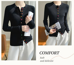 Women's 100% Merino Wool Sweater Round Collar Colorful Buckles Slim Fit Cardigan