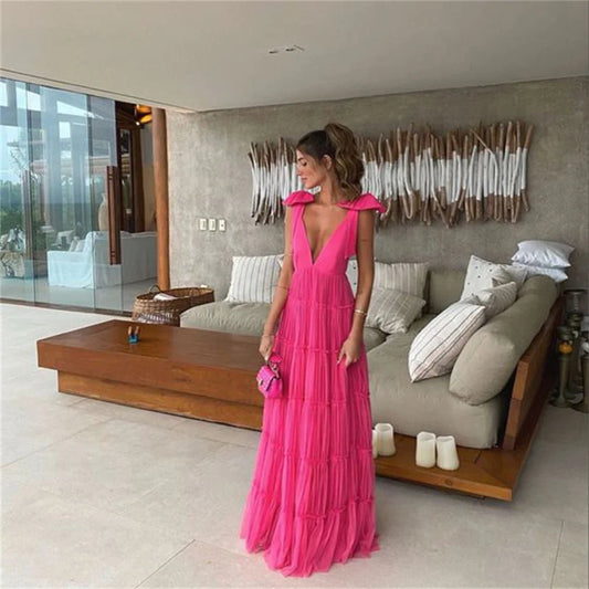 Spaghetti Strap Chic Woman Evening Dress Gown Deep V Neck Ball Gown