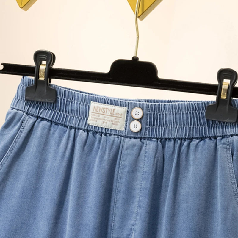 Summer Ice Silk Jeans Women Soft High Waist Wide Leg Pants