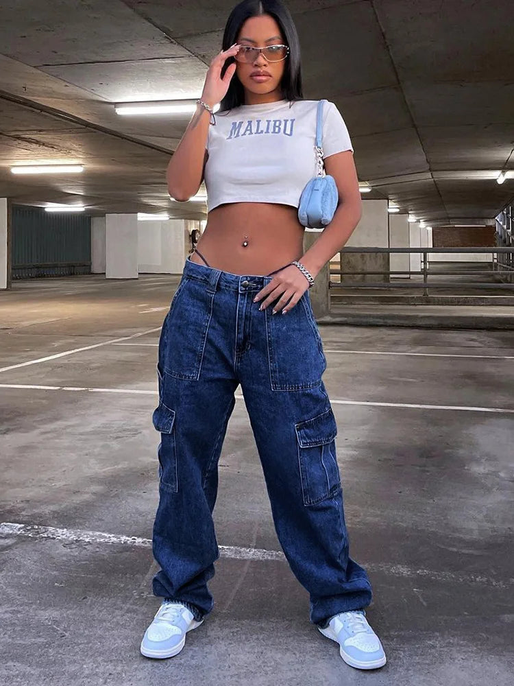 Women Baggy Cargo Jeans Lady High Waist Patchwork Pockets Wide Leg Oversized Pants