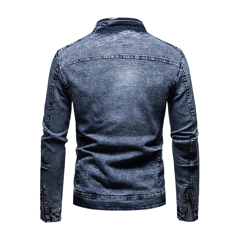 Jean jacket men's autumn and winter 2023 new fashion cool retro fashion slim stand collar motorcyclejacket