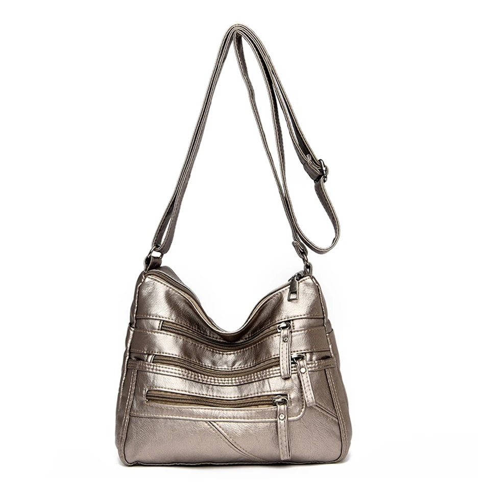 Women's Soft Leather Shoulder Bags Multi-Layer Pockets Classic