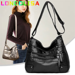 Women's Soft Leather Shoulder Bags Multi-Layer Pockets Classic