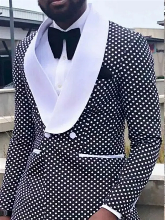 pattern Men's Jacket Pants Double Breasted Groom Wedding Tuxedo Party Suit