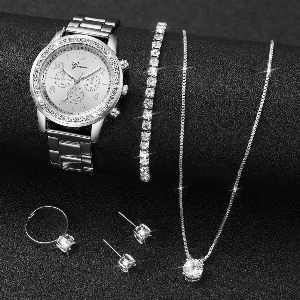 6PCS/Set Fashion Rhinestone Women Watches Analog Quartz Wrist Watch Jewelry Set Reloj Mujer（Without Box）