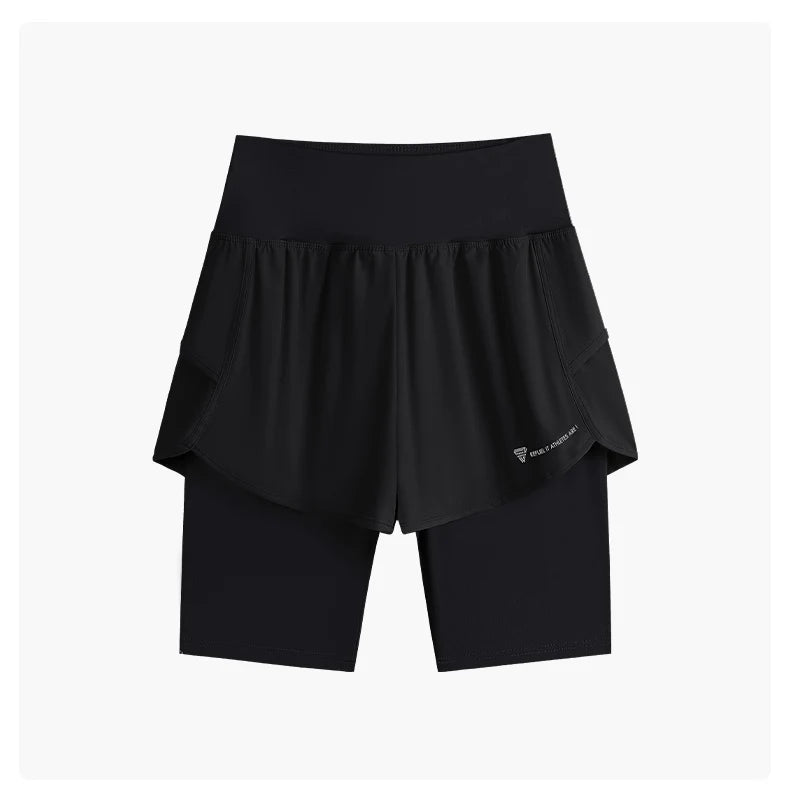 DRUR Yoga Shorts Women Summer Fake Two Piece High Waist Loose Gym Shorts With Pocket Ladies Lightweight Fitness Running Clothes