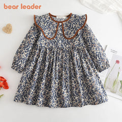 Bear Leader Girls' Dress Fashion Cute Doll Neck Flower Print Dress Children's Girls