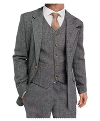 Brown/Gray Wool Tweed Winter Suit for Men Herringbone Slim Fit Formal Groom Tuxedo 3 Piece Wedding Suits (Jacket+Vest+Pants)