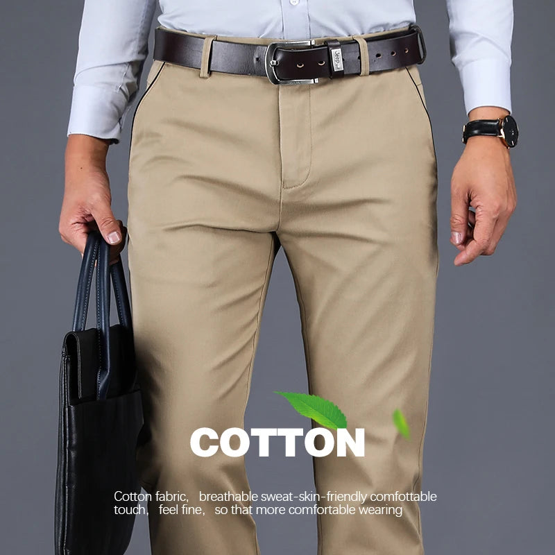 Cotton Casual Pants Men Classic Style Straight Loose High Waist Elastic Trousers