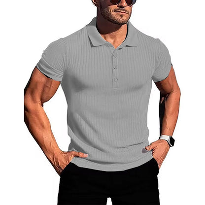 Men's running sports fitness wear summer high stretch vertical short-sleeved POLO shirt slim knit base shirt