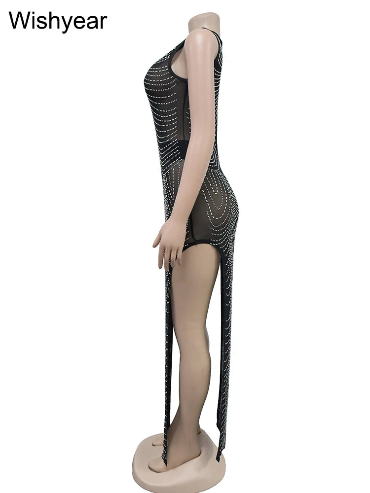 Evening Dresses: Diamonds Rhinestones Mesh Birthday Bodycon Maxi Dress for Women