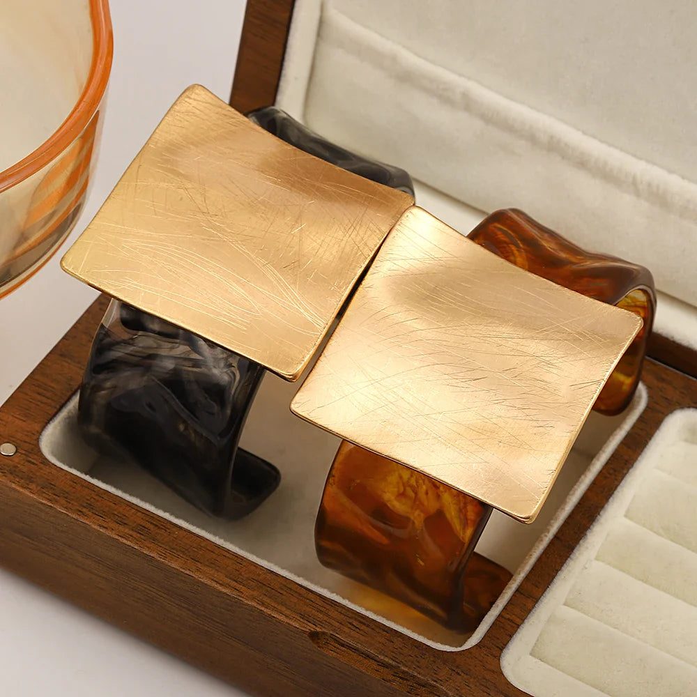 Greatera Metal Brushed Exaggeration Personality Geometric Drawn Square Convex Circular Opening Bracelet Transparent Cuff Bangle