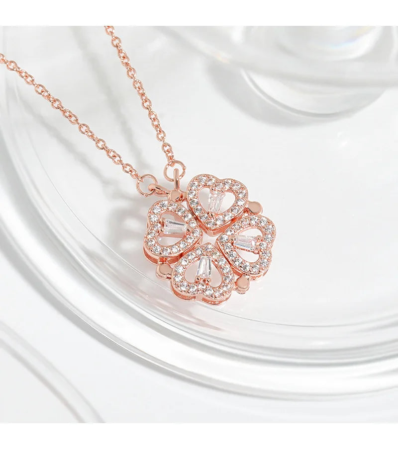 CARLIDANA Transform Luxury Four Leaf Clover Pendant Necklace  Stainless Steel Crystal Gold Color Heart Jewelry for Women Gift