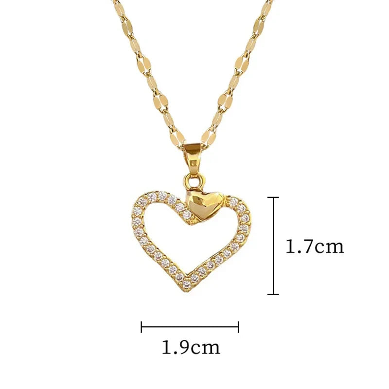 Trendy Heart Stainless Steel Zirconia Necklaces For Women Girls Love Gold Color Metal Necklace Party Birthday Daily Jewelry