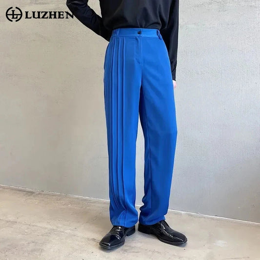 Pleated Splicing Design Casual Suit Pants Men's Stylish Stretch Waist Trendy