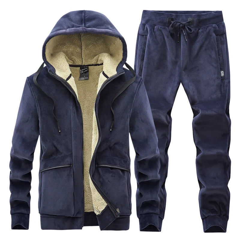 Mens Fleece Warm Tracksuit Male Winter Warm Hooded Fashion Sets Mens Hoodies + Pants Sportswear Sets WinterThick Set
