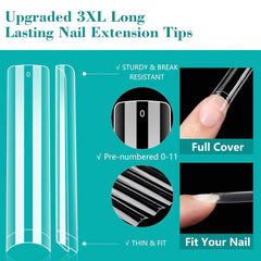 240PC Professional 3XL Extra Long Clear Square Nail Tips 12 Sizes Half Cover Acrylic Nails NO C CURVE Long Square Fake Nail Tips