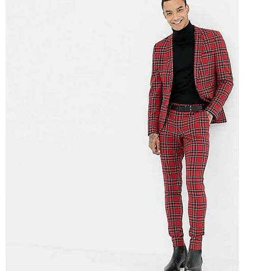 Slim Fit Men Suit Two-piece(Jacket+Pants) New Fashionable Plaid Male Formal Wedding Party Set