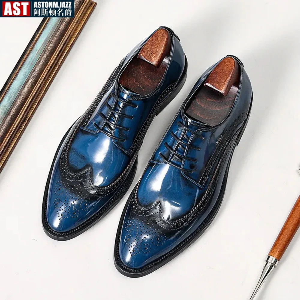 Handmade Mens Wedding Brogues Shoes Black Blue Genuine Leather Men's Dress Shoes Slip On Business Formal Shoes For Men