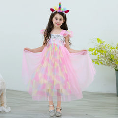 Unicorn Princess Dress for Girl Fancy Mesh Sequins Pink Halloween Costume for Kids