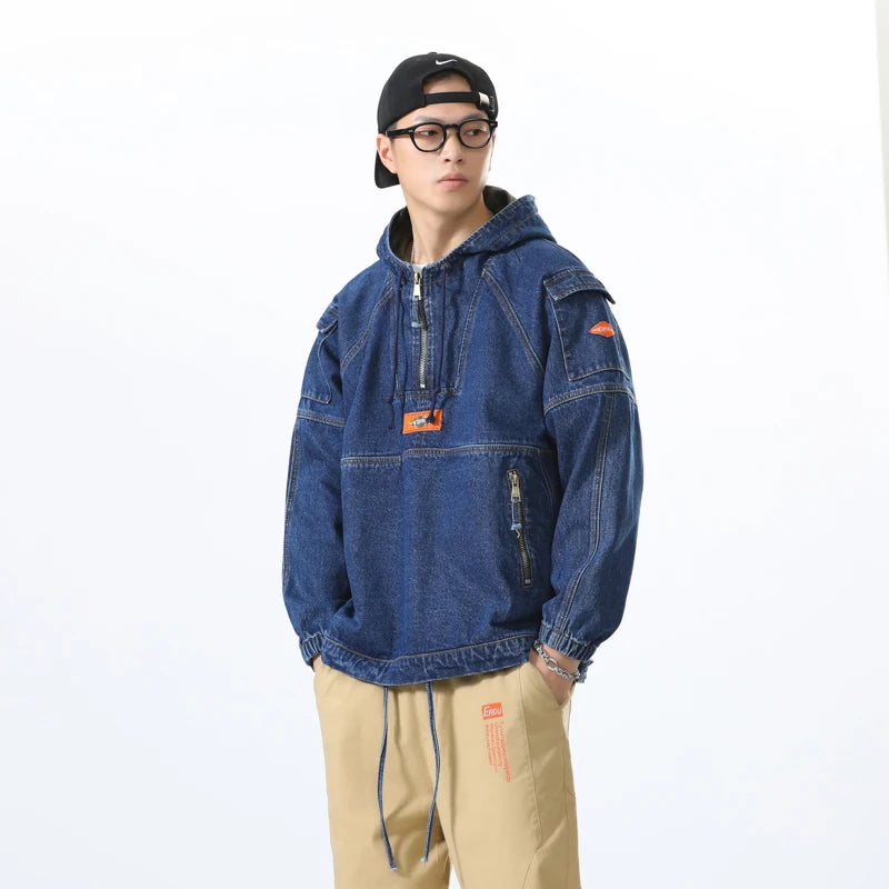 spring hooded sports casual sweater 100% cotton loose denim jacket