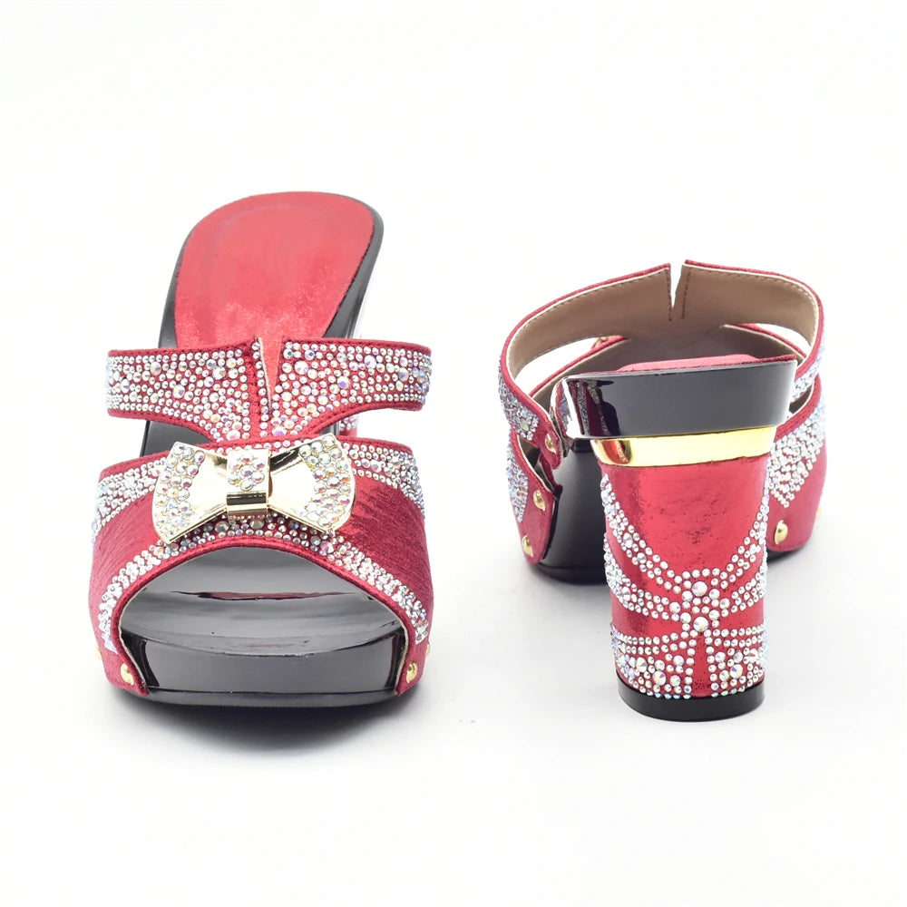 Latest Red Color Italian Ladies Shoes and Bag Sets Decorated with Rhinestone African Matching Shoes and Bags Italian In Women