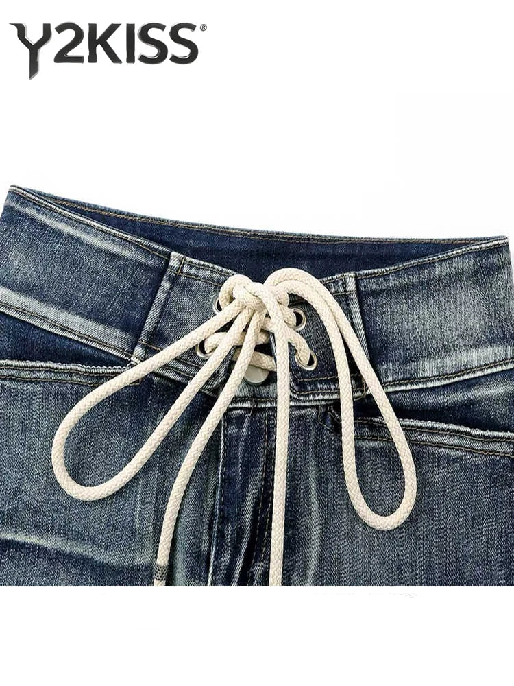 Summer Women Kpop Jean Shorts Abi Y2K 2000s Lace Up Denim Hot Pants Grunge Gyaru Japanese American Retro Cyber Punk Harajuku New