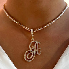 Cursive Letters Cubic Zirconia Chain Intial Name Necklace Hip Hop Jewelry Gold