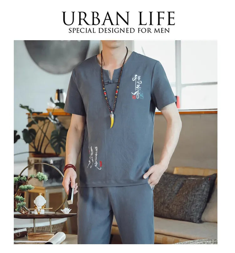 (Shirt + trousers) 2025 summer Chinese Style men shirt Cotton and linen shirts men's High quality casual shirts Two Piece M-5XL