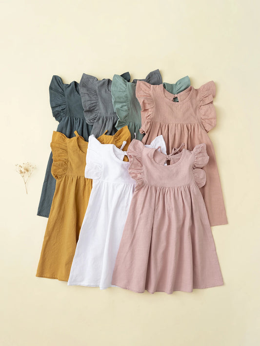 Baby Girls' Flying Sleeve Dress Tie-back Overall Dress Cotton Kids Casual Clothes